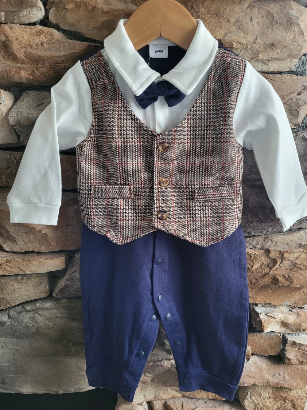 Infant Boy Navy Bowtie & Plaid Vest One-Piece NWT